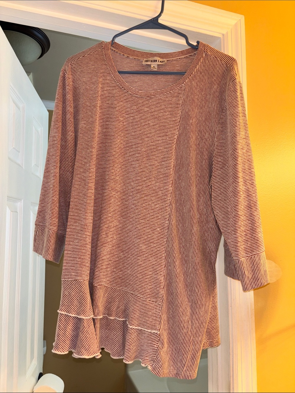 Southern Lady Striped Ruffle Hem Top in Rust and White